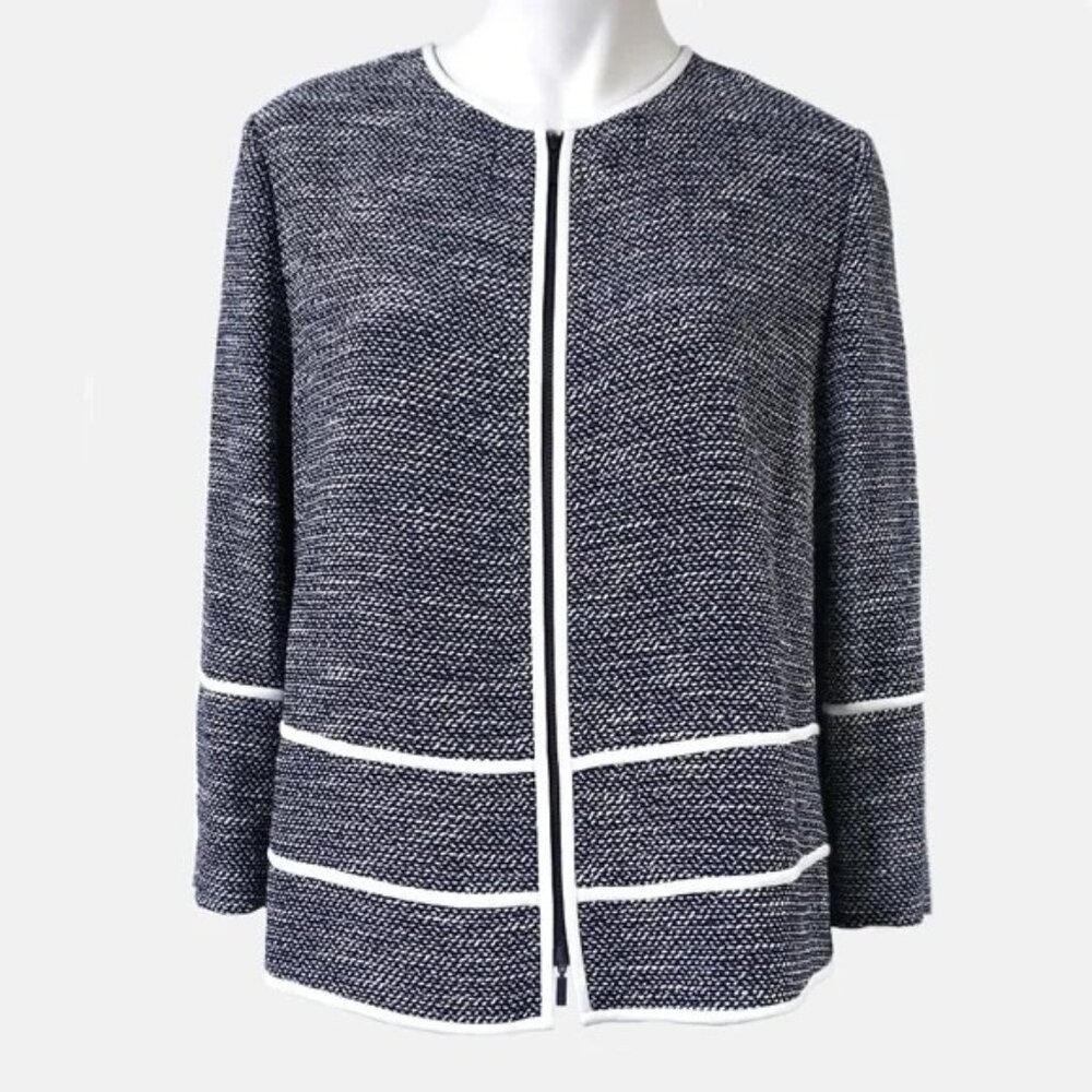Lafayette 148 New York Navy White Tweed Zip Blazer Jacket Old Money Preppy M h2